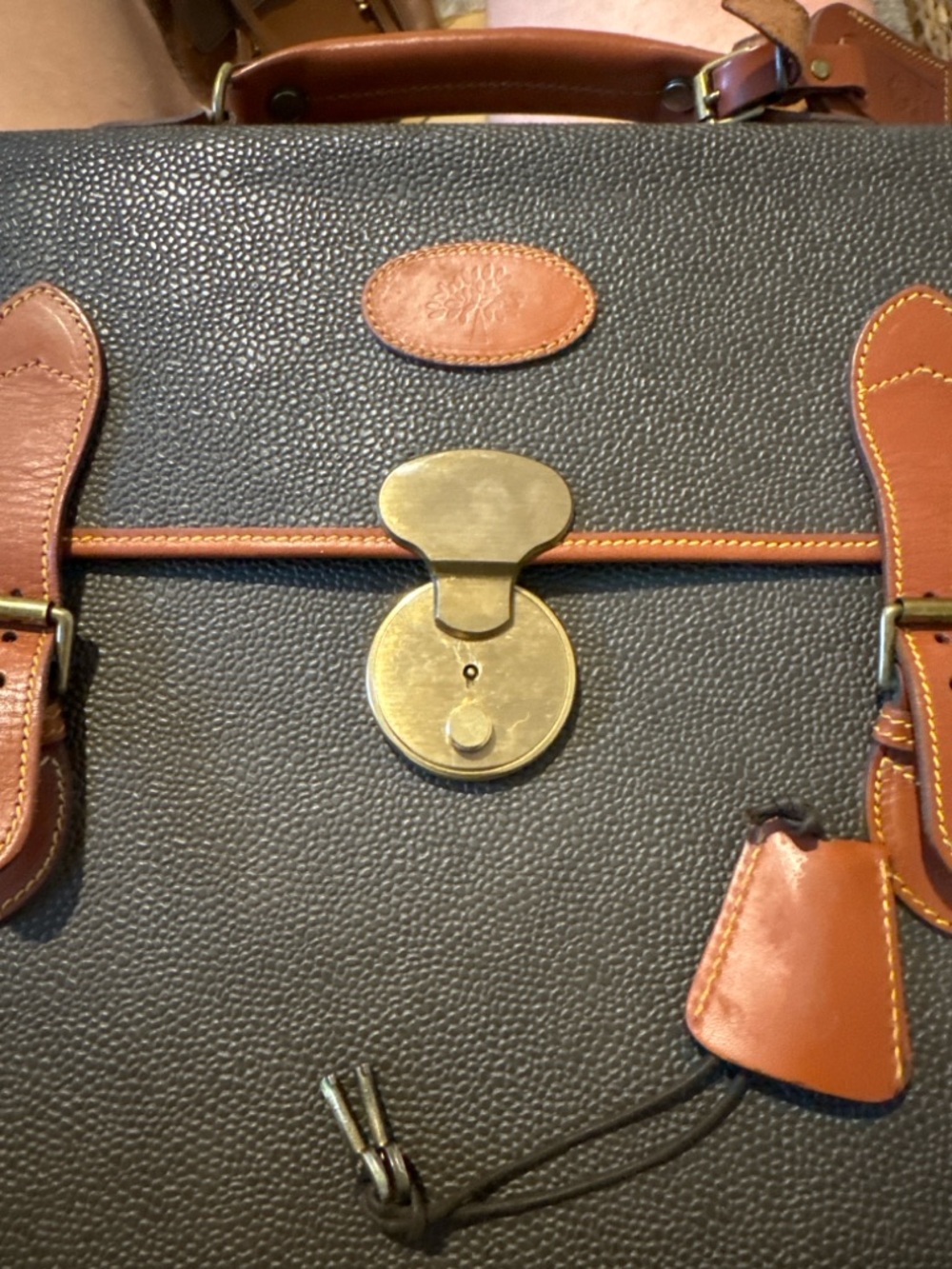 Mulberry England Vintage Scotchgrain Briefcase Satchel | Khaki Brass Lock + Key